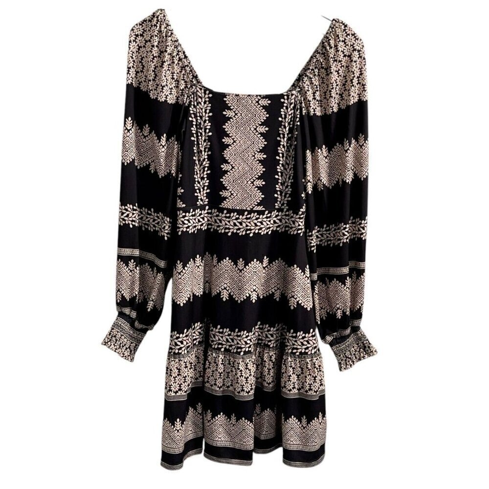 Hale Bob Grazia Black White Printed Long Sleeve Jersey Dress XS
